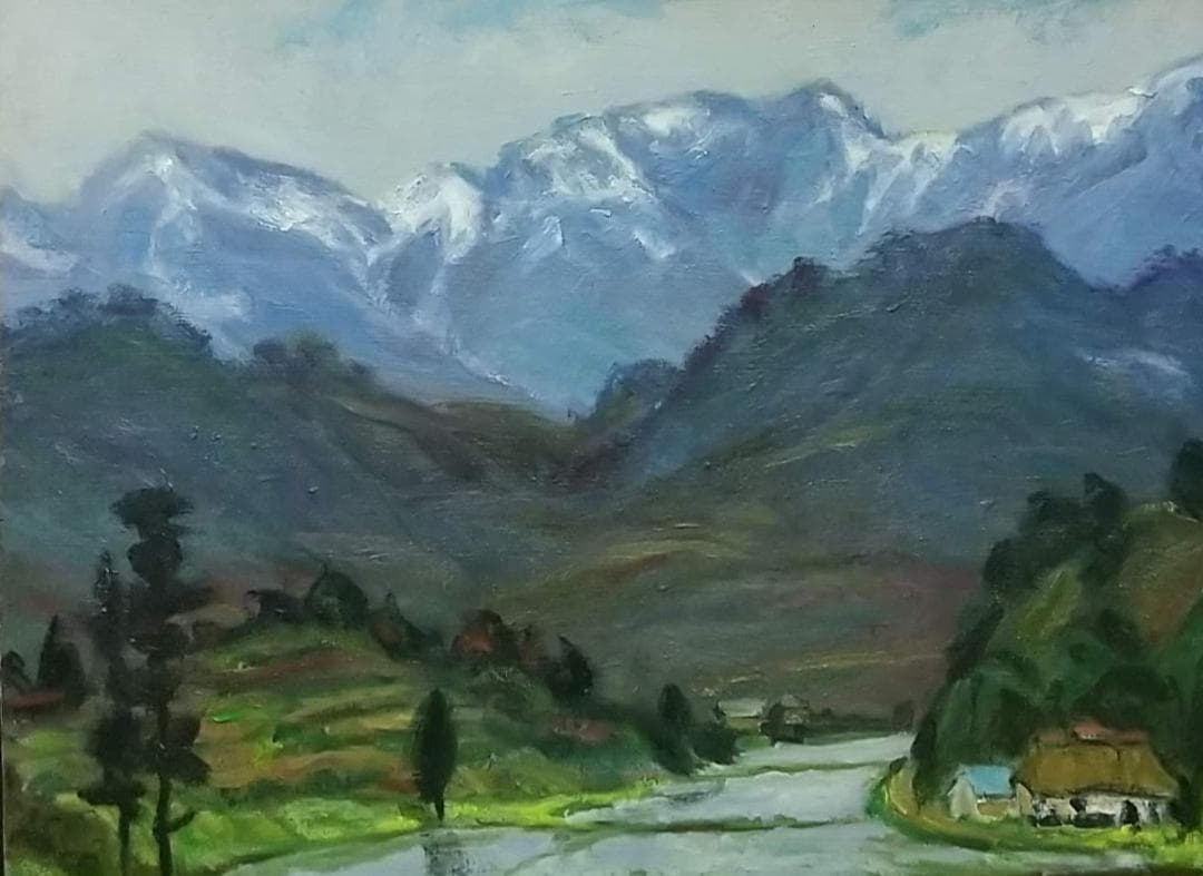 油絵「早春」船形山 1986 P12 絵画