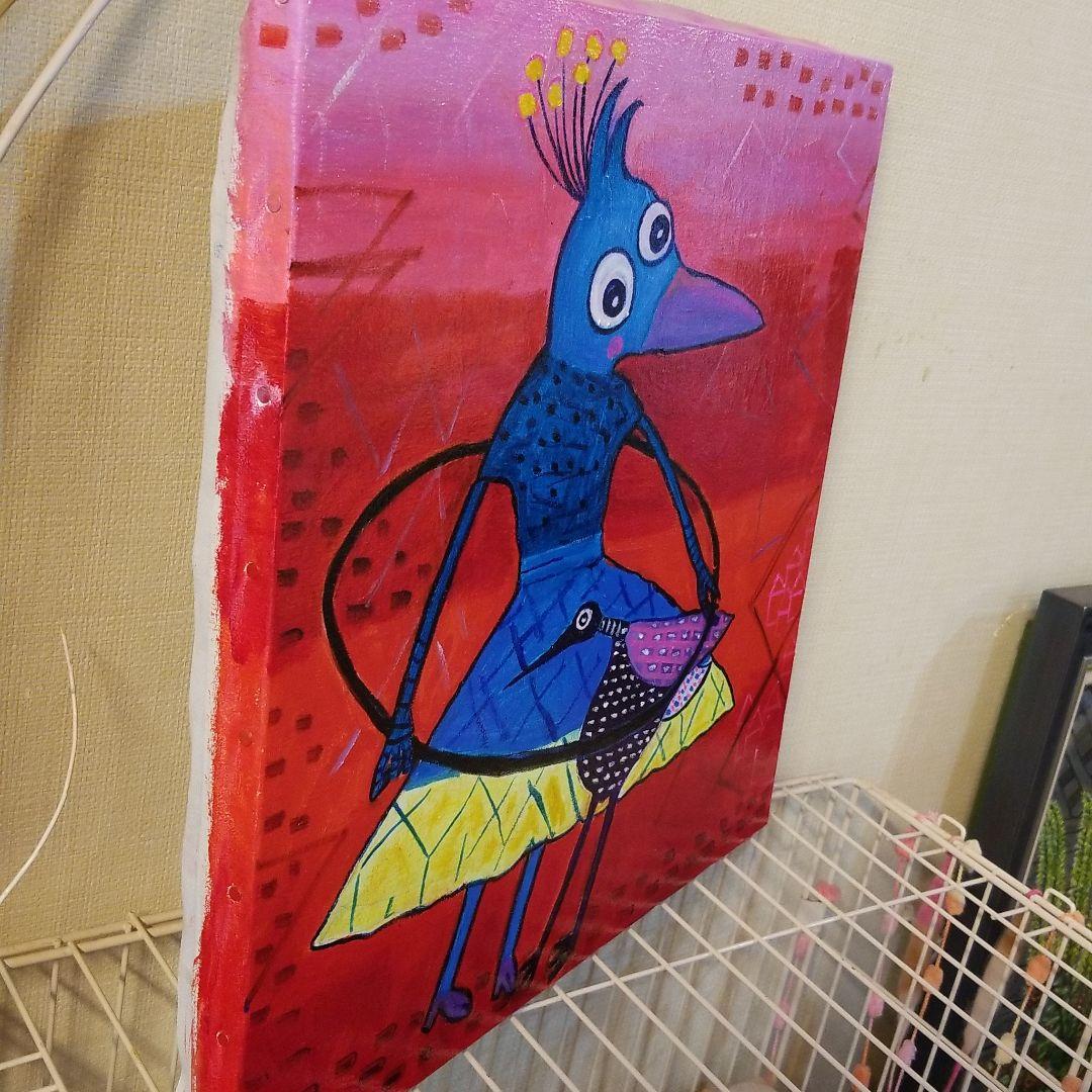 油絵　専用　何度もフラフープに入る鳥