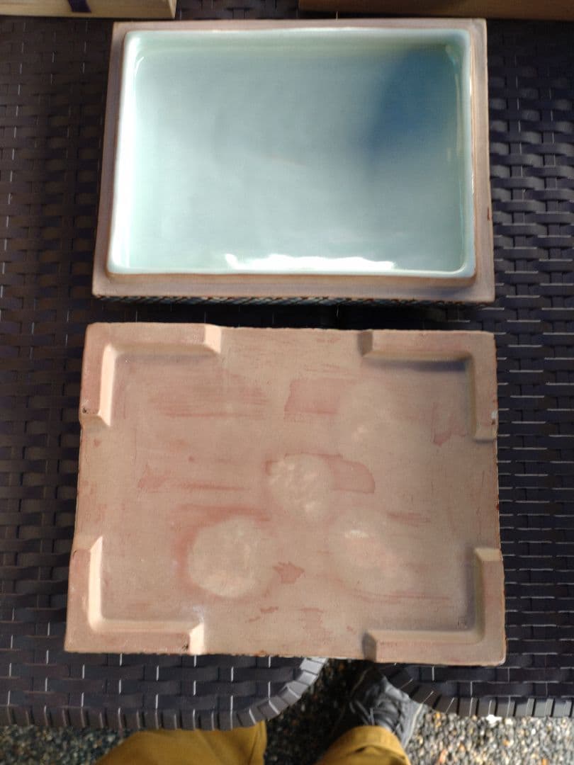 阿部眞士造染付丸文長方面取陶筥　共箱　新品?未使用?