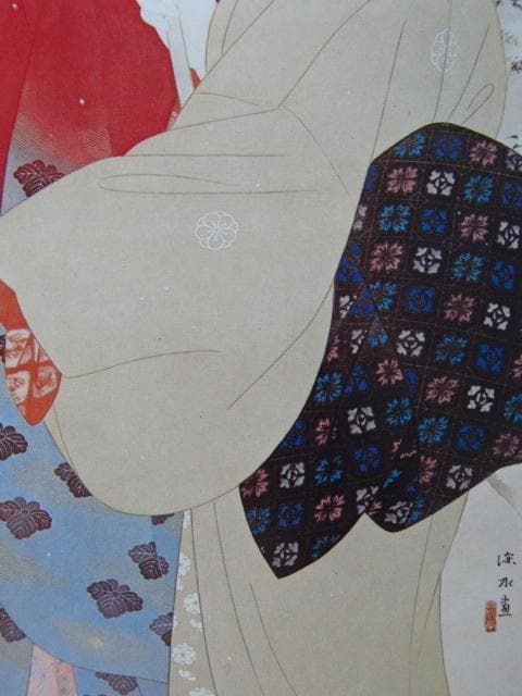 伊東 深水、「春の雪」、額装用希少図版、新品額・額装付き、状態良好