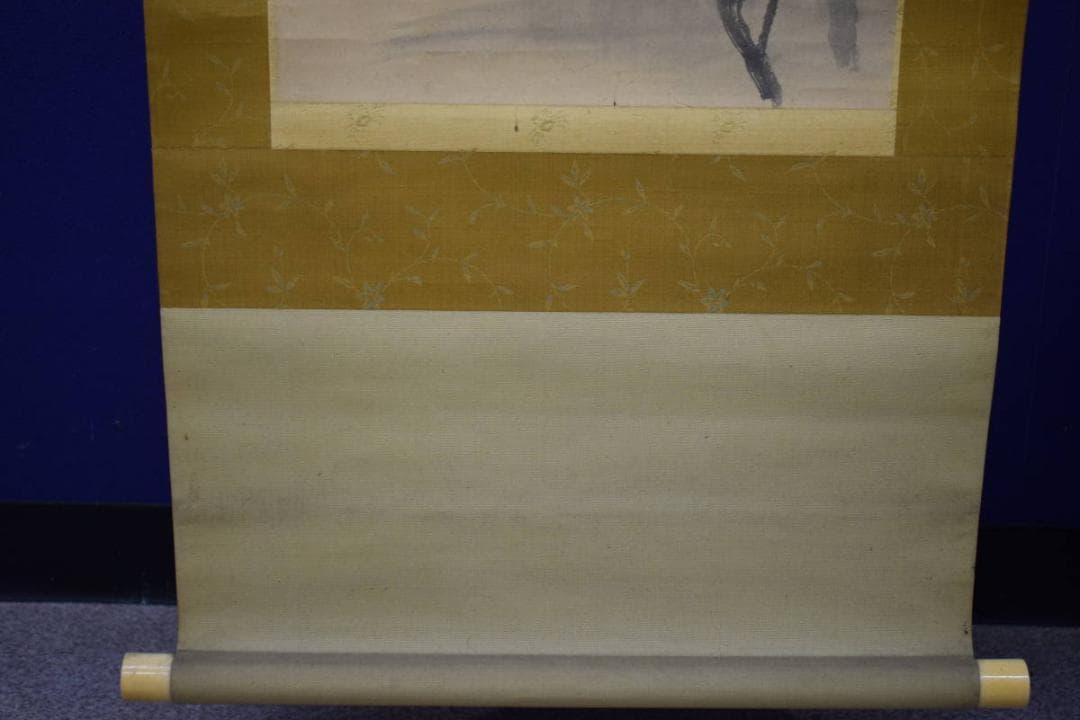 真作/寺崎広業/山水月下帆船図/布袋屋掛軸HI-28