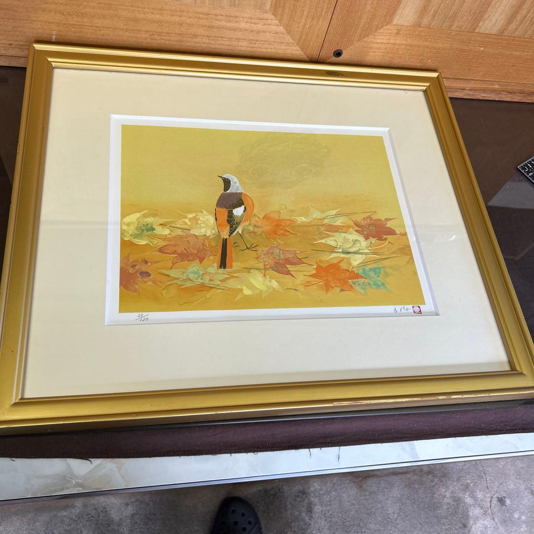 リトグラフ　額装　鳥