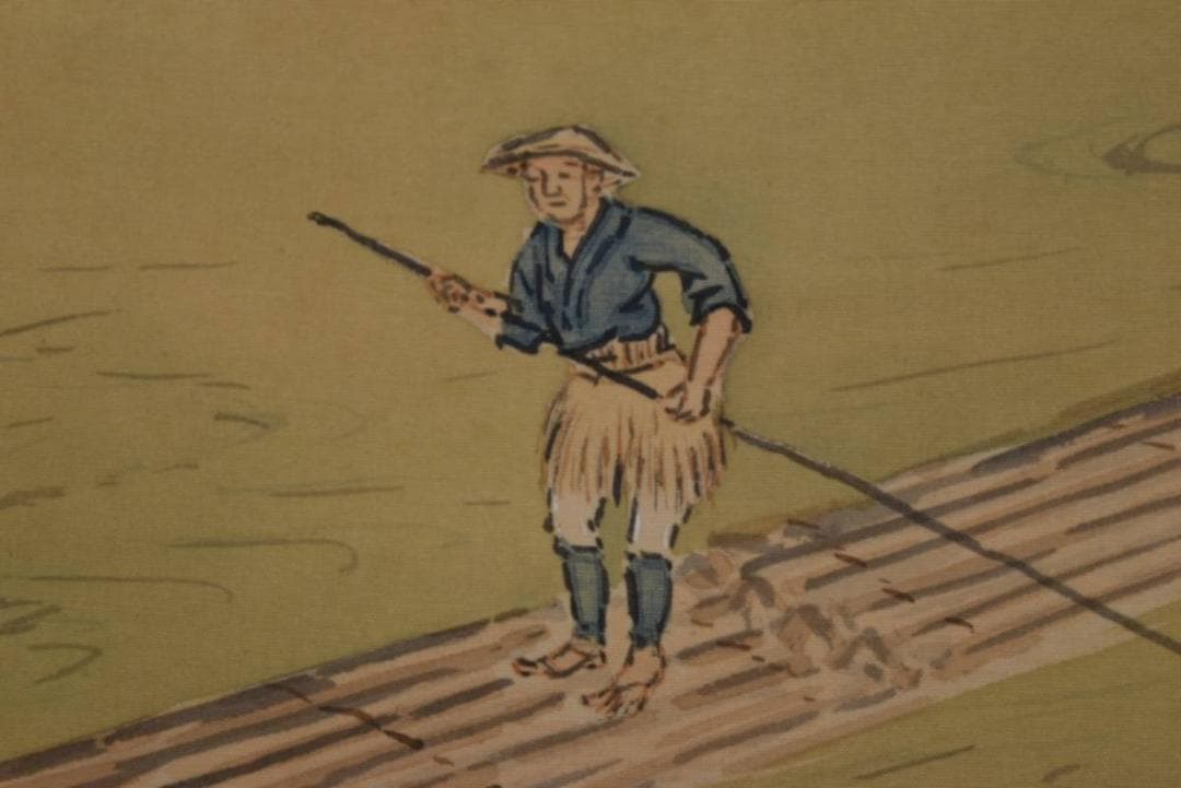 【真作】八木春山/清渓流筏/掛軸☆宝船☆AA-949