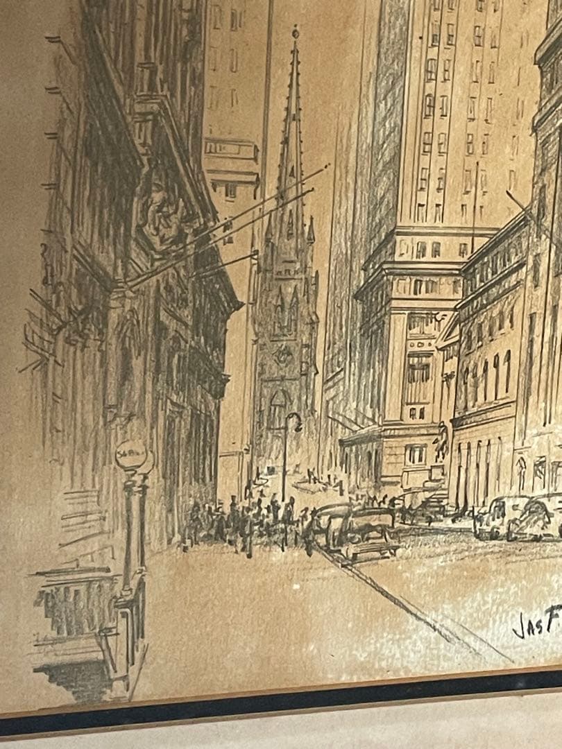 茶*様 50s ビンテージ額装ウォール街NY手書きアート 鉛筆画 作家物ブロカン