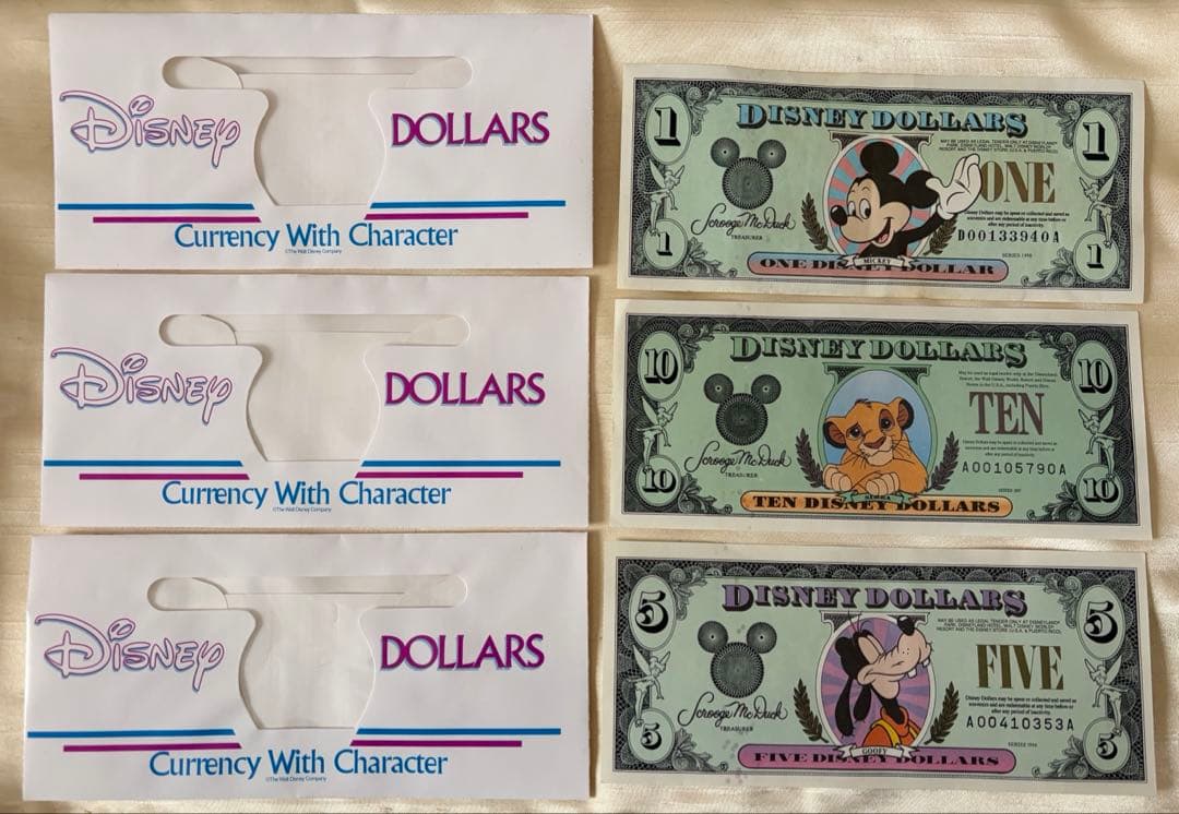 美品Disney Dollars 封筒付1990年代 $1 $5 $10