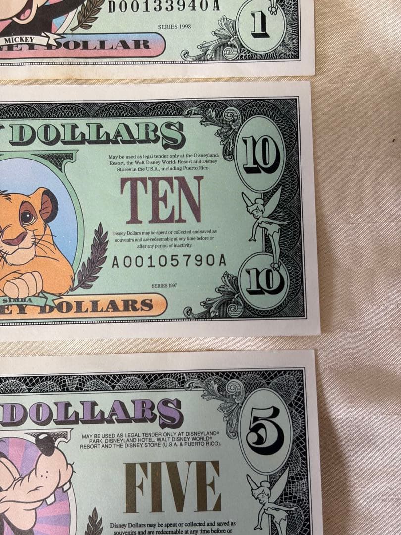 美品Disney Dollars 封筒付1990年代 $1 $5 $10