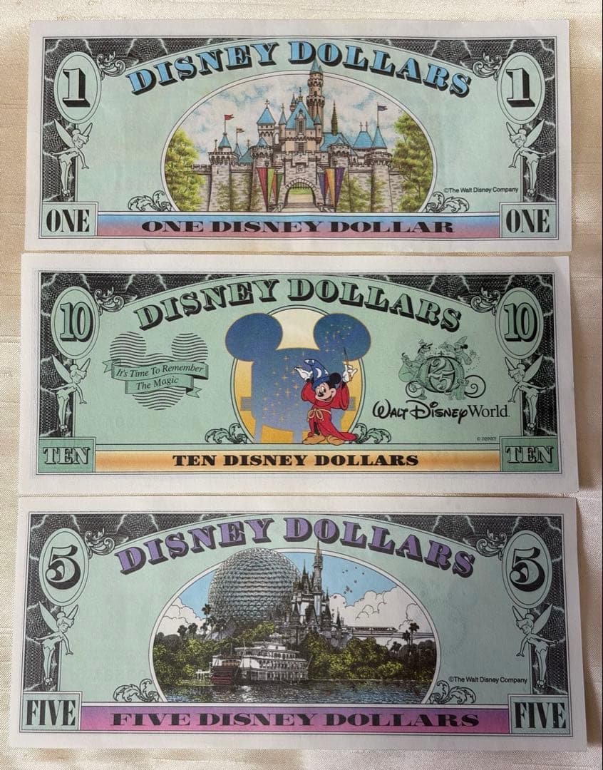 美品Disney Dollars 封筒付1990年代 $1 $5 $10