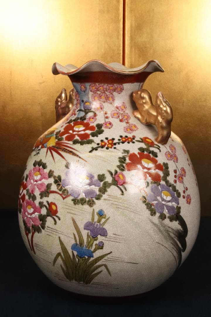 薩摩焼　勇仙作　色絵金彩花鳥図獅子耳　大花瓶　花器　壷　高さ38cm　BE716