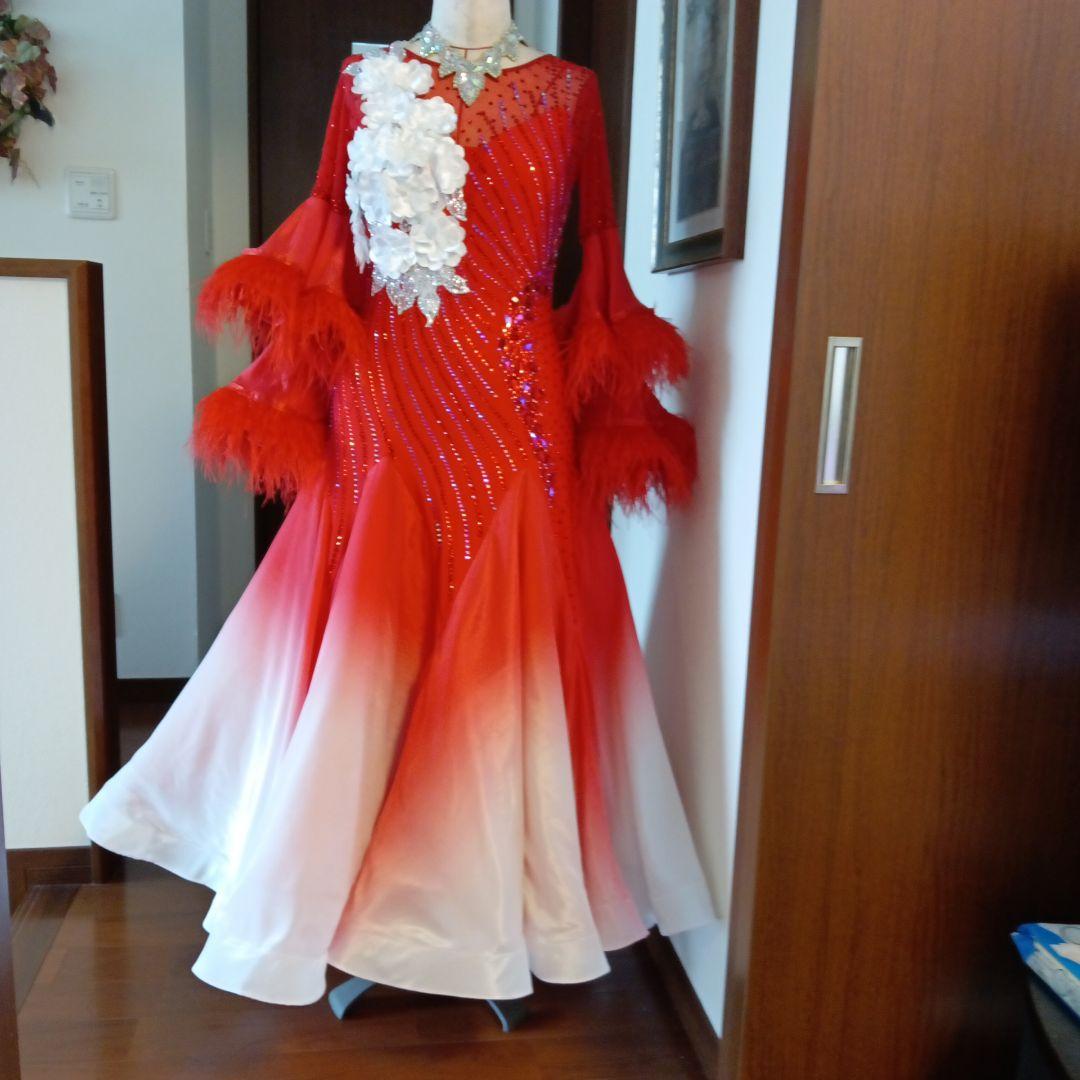 専用✨️豪華オーダー✨️社交ダンススタンダードドレス（Ｌサイズ）赤&白グラデー