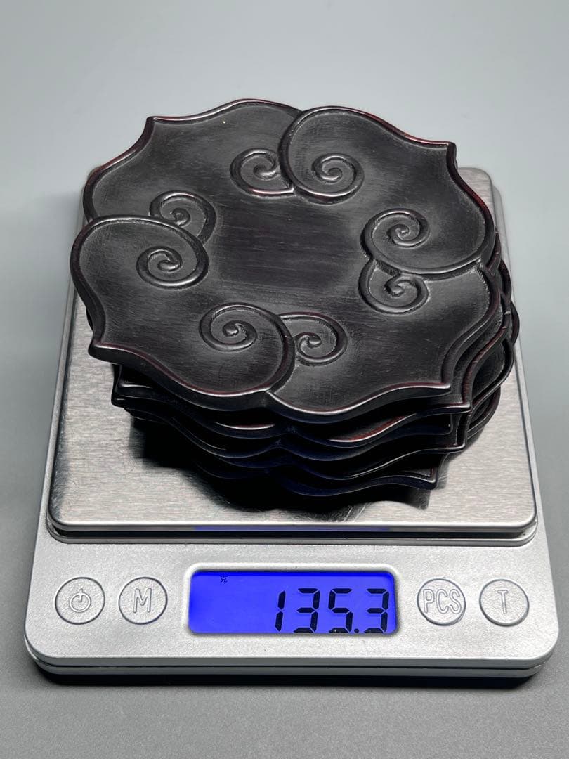 中国古美術　時代物　唐木　五客　茶托　茶道具　木製　巻草紋　浮彫　極細工