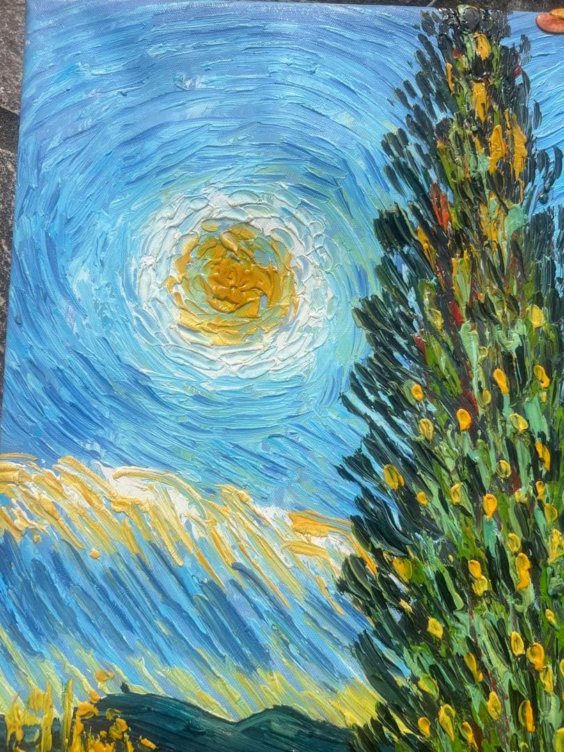 油絵　ゴッホ　《夜のプロヴァンスの田舎道（糸杉と星の見える道）》額なし　木枠のみ