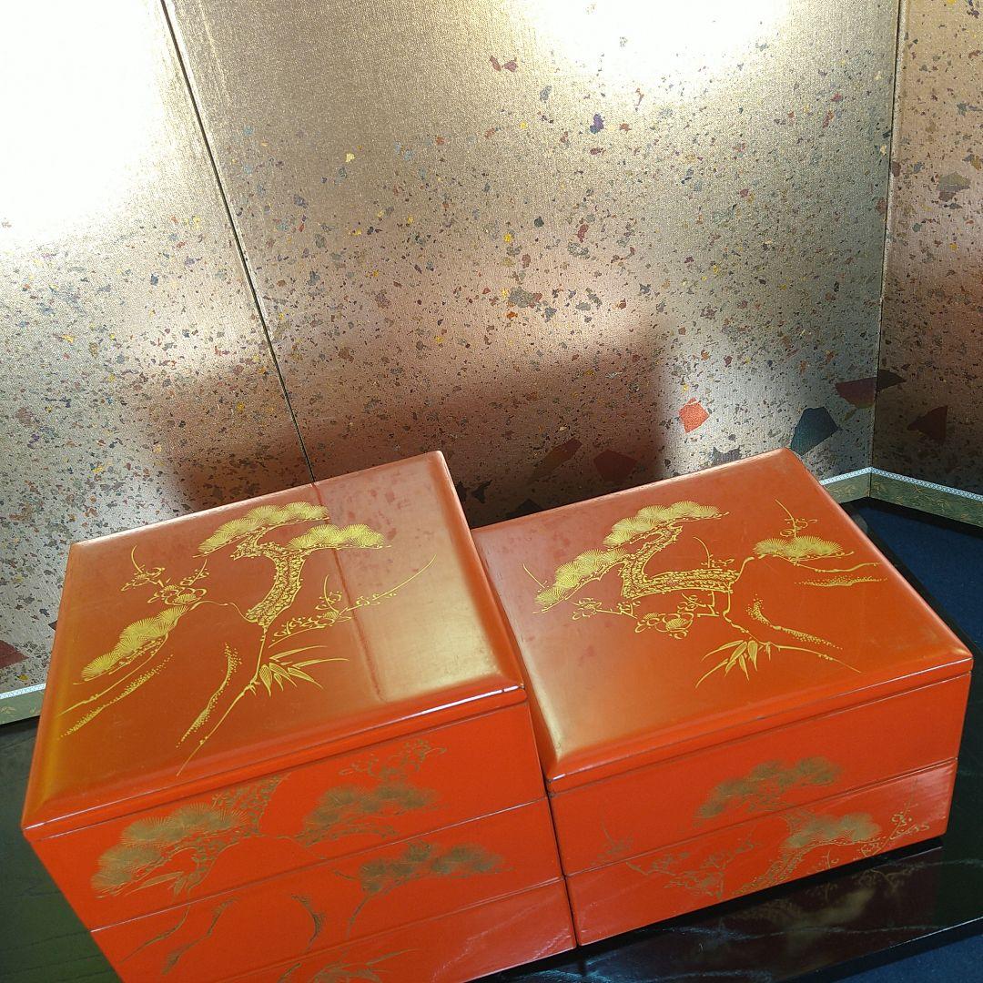 AA236 輪島塗 沈金 蒔絵 五段重ニ枚蓋朱塗り松竹梅木箱入