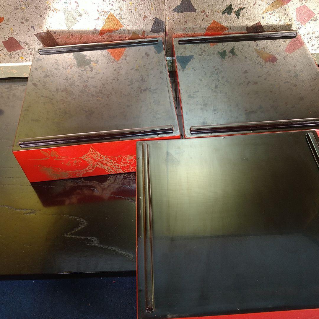 AA236 輪島塗 沈金 蒔絵 五段重ニ枚蓋朱塗り松竹梅木箱入