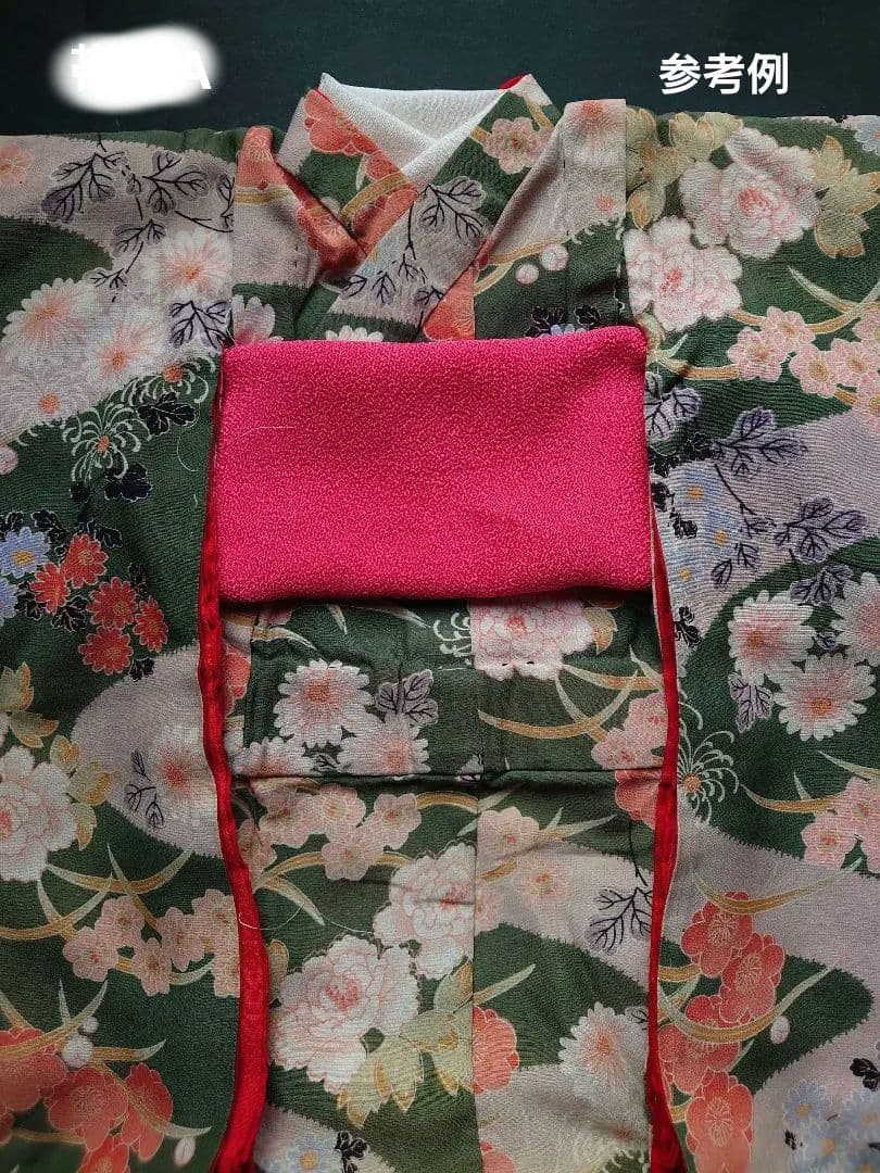 市松人形の着物　薄手の縮緬　振り袖　古布　袷　比翼付き　15号52cm用　帯付き