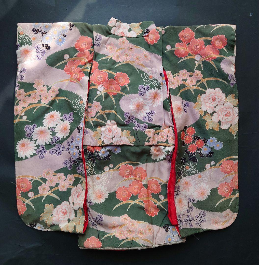 市松人形の着物　薄手の縮緬　振り袖　古布　袷　比翼付き　15号52cm用　帯付き