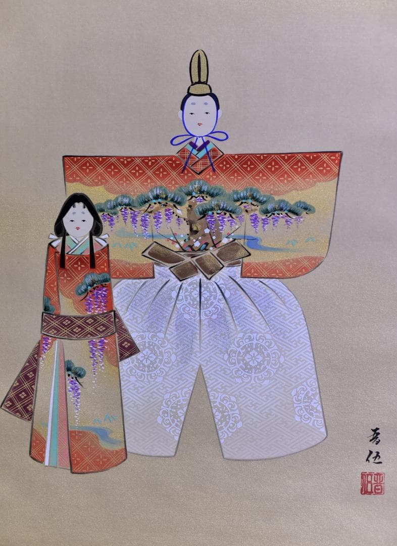 立雛　晋伍画伯作　掛軸【極上品】絹本肉筆画　共箱