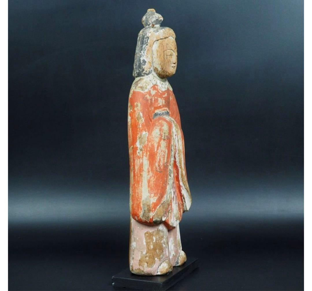 送料無料　鎌倉～室町時代　木彫り 木彫立像 古仏　仏像　総高42.3ｃｍ