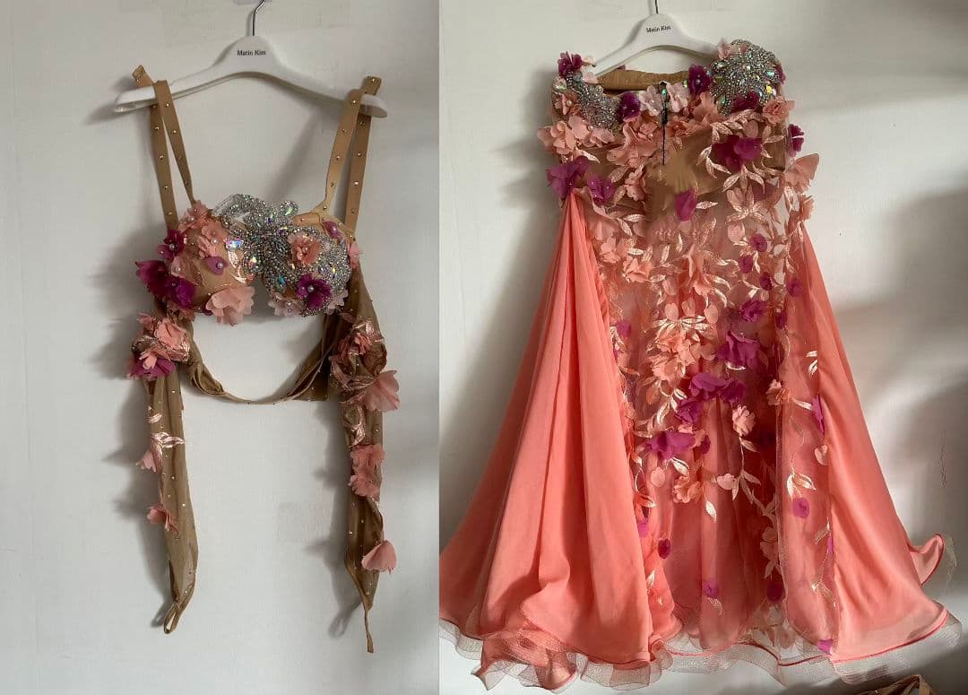 セールベリーダンス衣装 ブラスカートセット オレンジ系 花 オーダーメイド