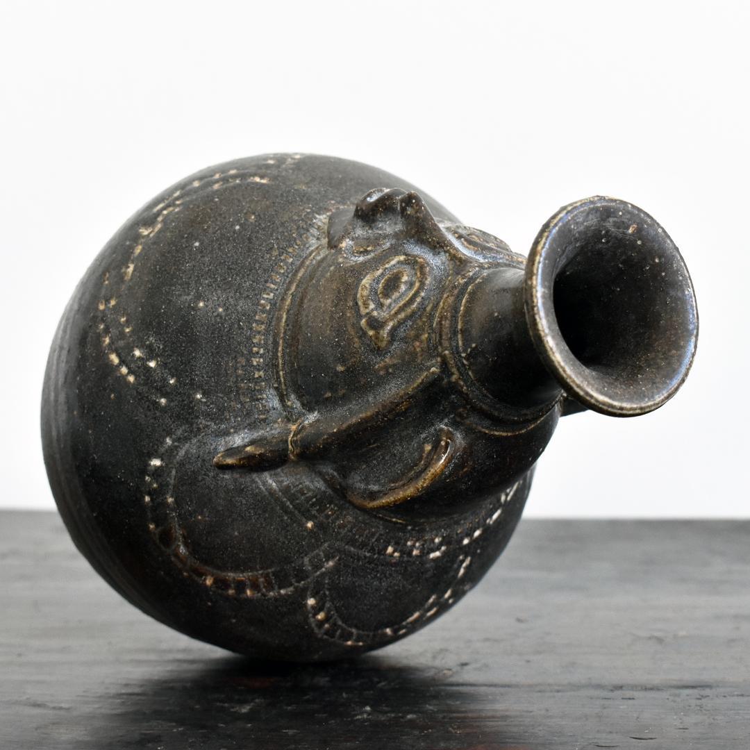 クメール カンボジア ポストアンコール 黒褐釉人面壺 /壷 古陶器 古道具