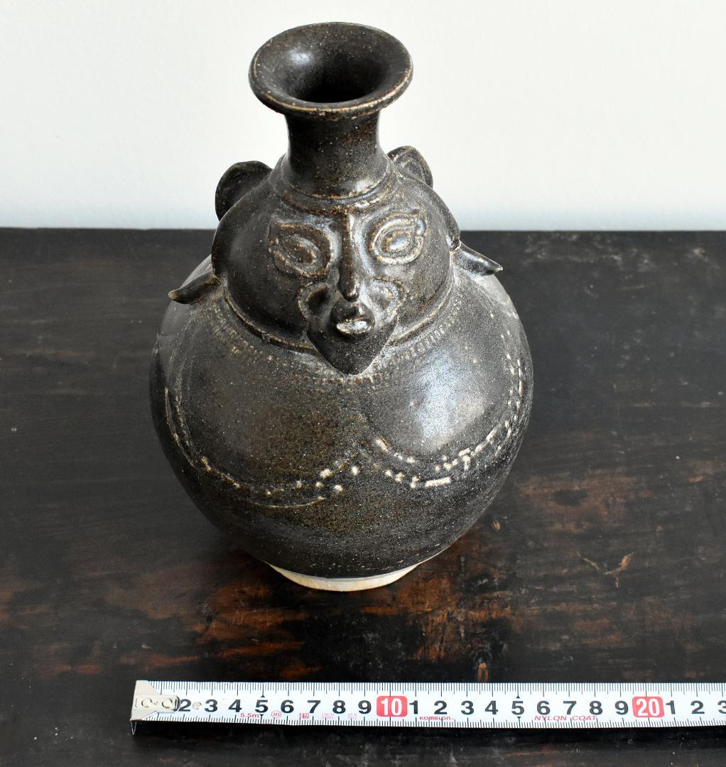 クメール カンボジア ポストアンコール 黒褐釉人面壺 /壷 古陶器 古道具