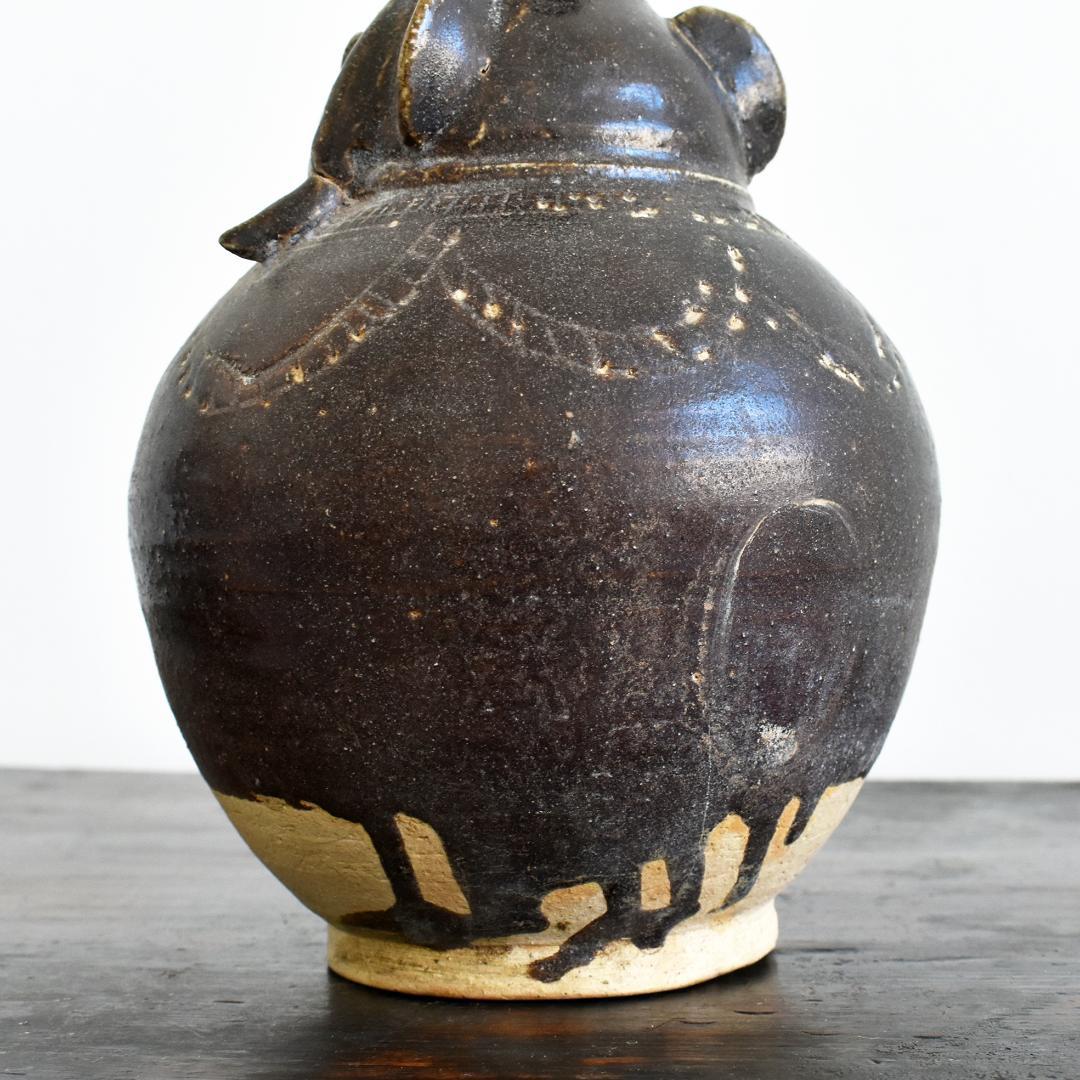 クメール カンボジア ポストアンコール 黒褐釉人面壺 /壷 古陶器 古道具