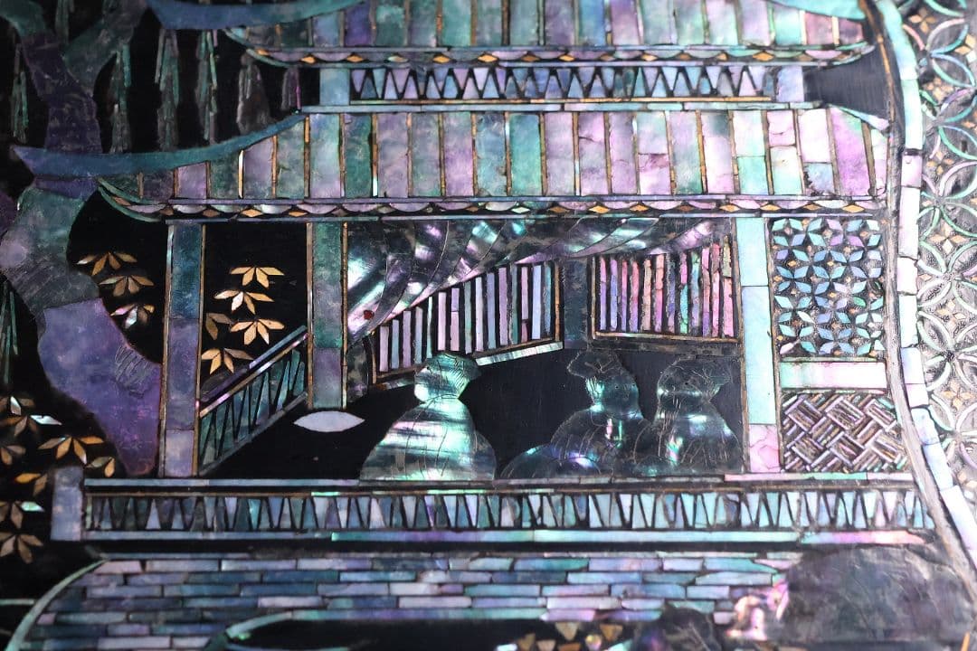 時代唐物 青貝螺鈿細工 楼閣人物 平卓 花台 香炉台 58cm 木製【MA624