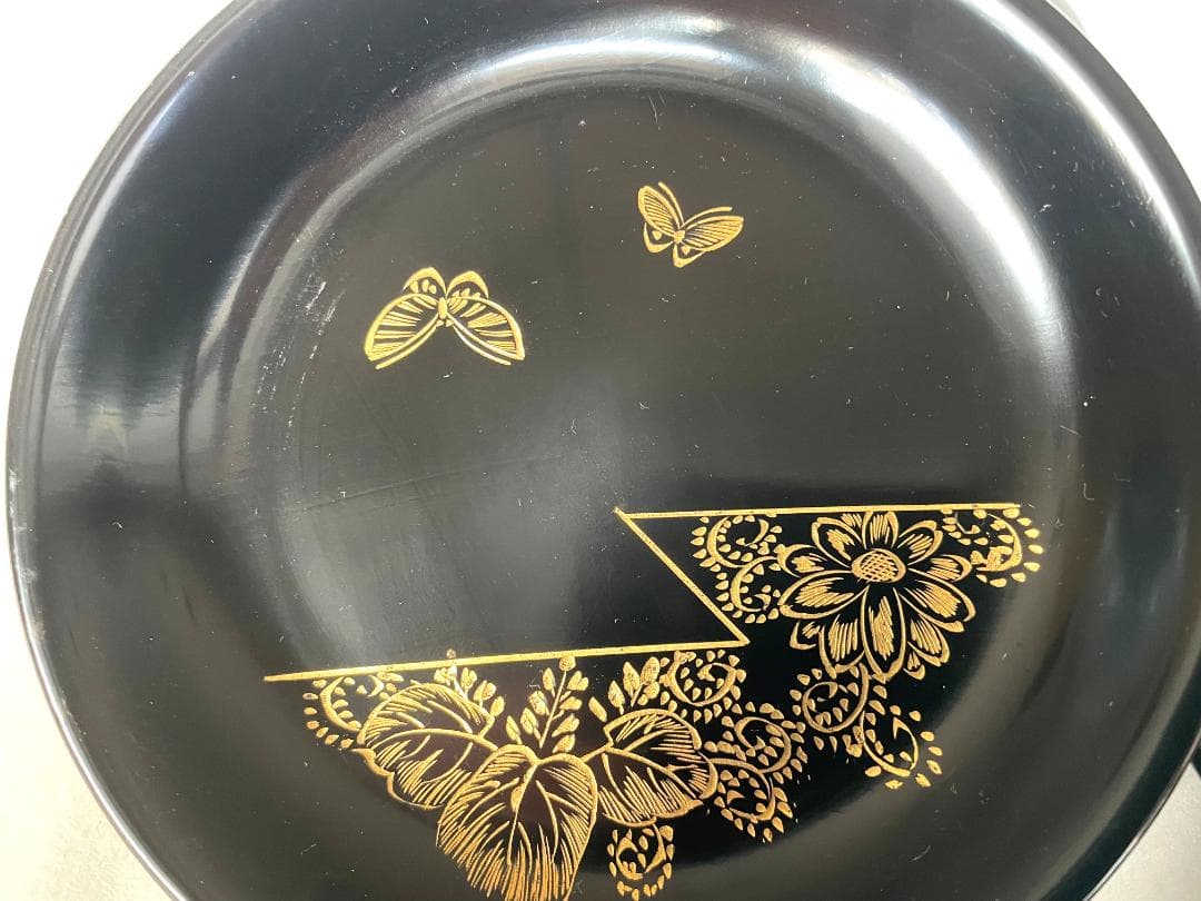 銘々皿 漆塗 菊唐草に蝶沈金木皿 5枚 取皿 5寸 14.5ｃｍ 木製