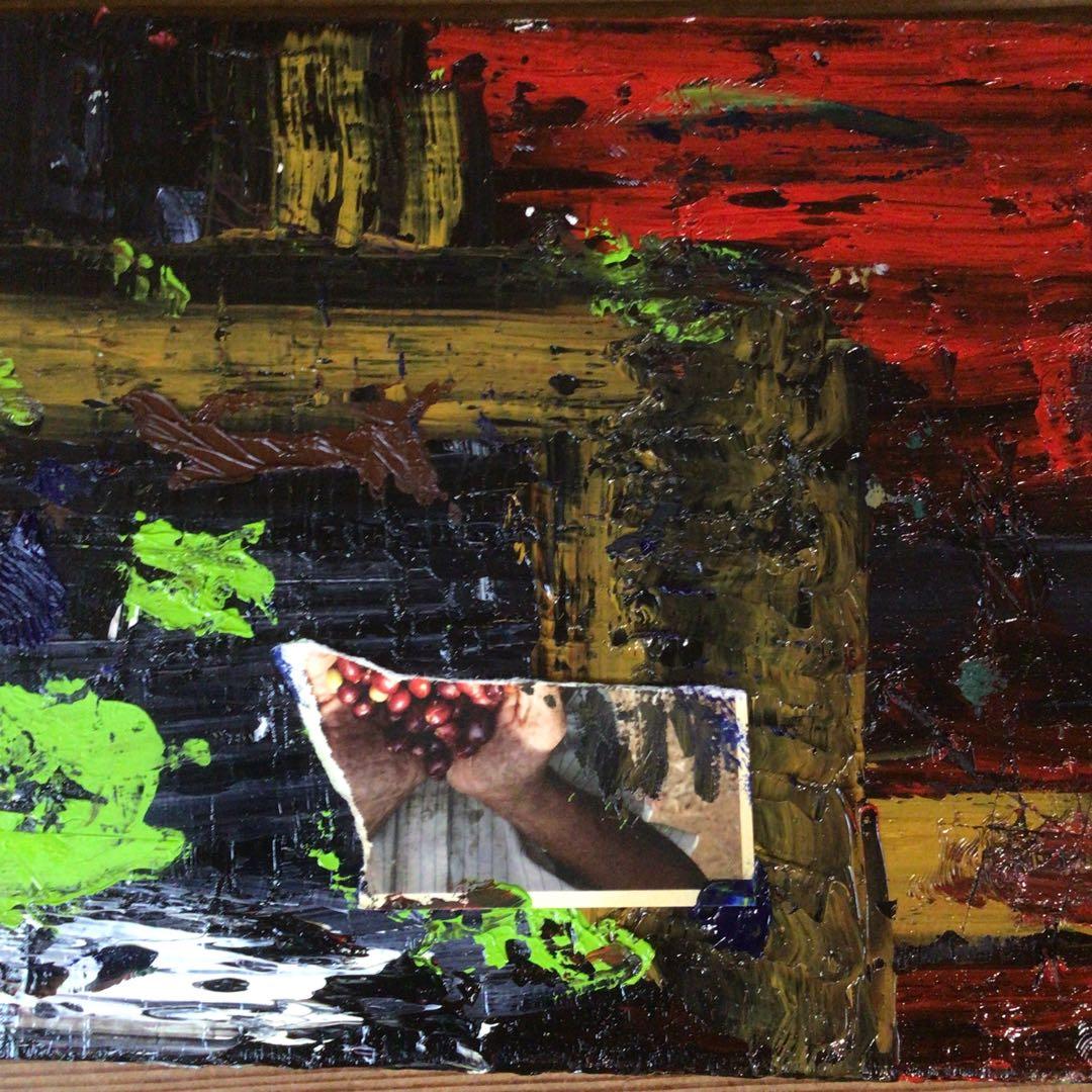 No4127 額装　作者不明　コラージュ画　油彩画　抽象画　現代アート　送料無料