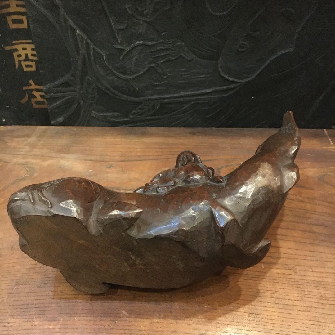 骨董 木彫り像 鯉 仙人