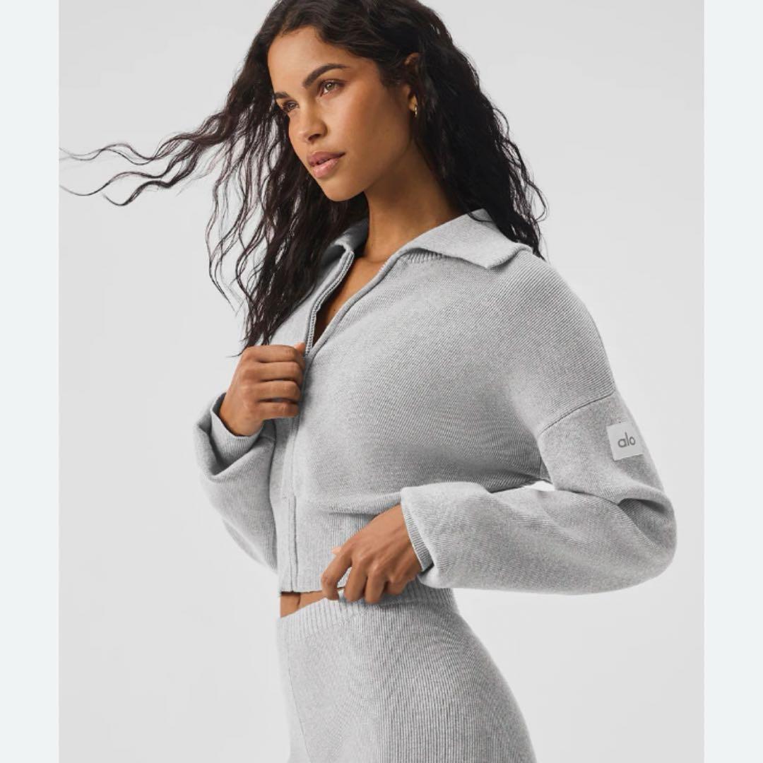 alo クロップド丈 フルジップ ニット グレー