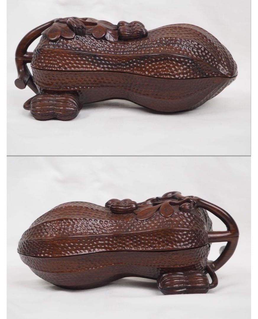 送料無料　時代物　唐木花梨（沈水）透かし彫り落花生蓋物　幅21ｃｍ