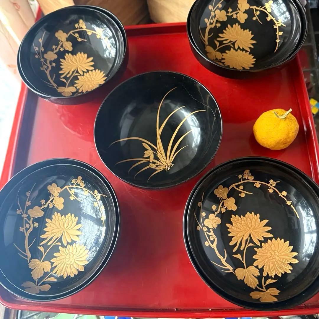 2199様感謝‼️かろやかJAPAN時代蒔絵 豪華四君子富士山形吸物椀5客