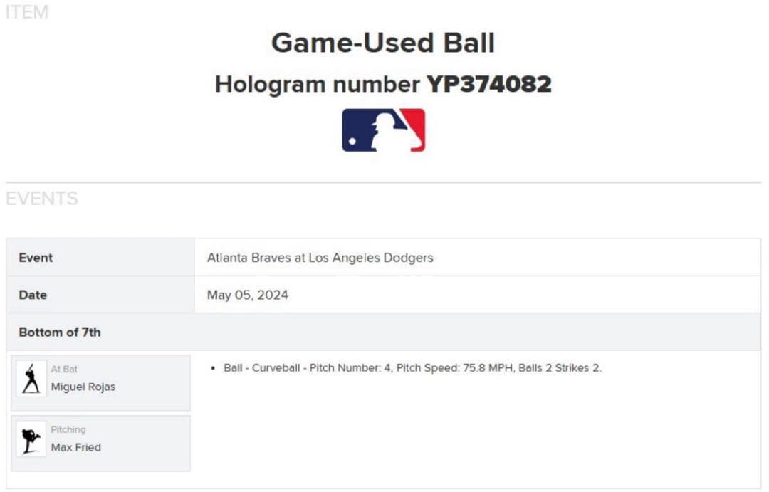 大谷翔平 24年実使用（2本塁打記録試合）直筆サインボール（ロハスの打席で投球）