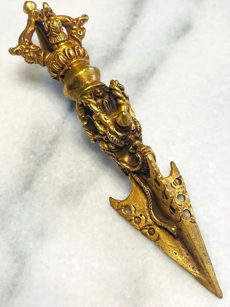 チベット密教 新品 プルパ 金メッキ　龍　金剛杵　約12センチ 594