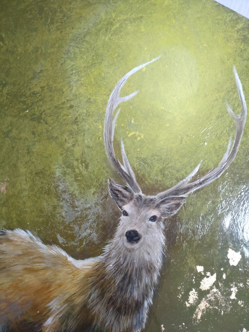 エゾシカの油絵【タイトル:僥倖】1点物の原画◆作者サイン入り◆F3号キャンバス