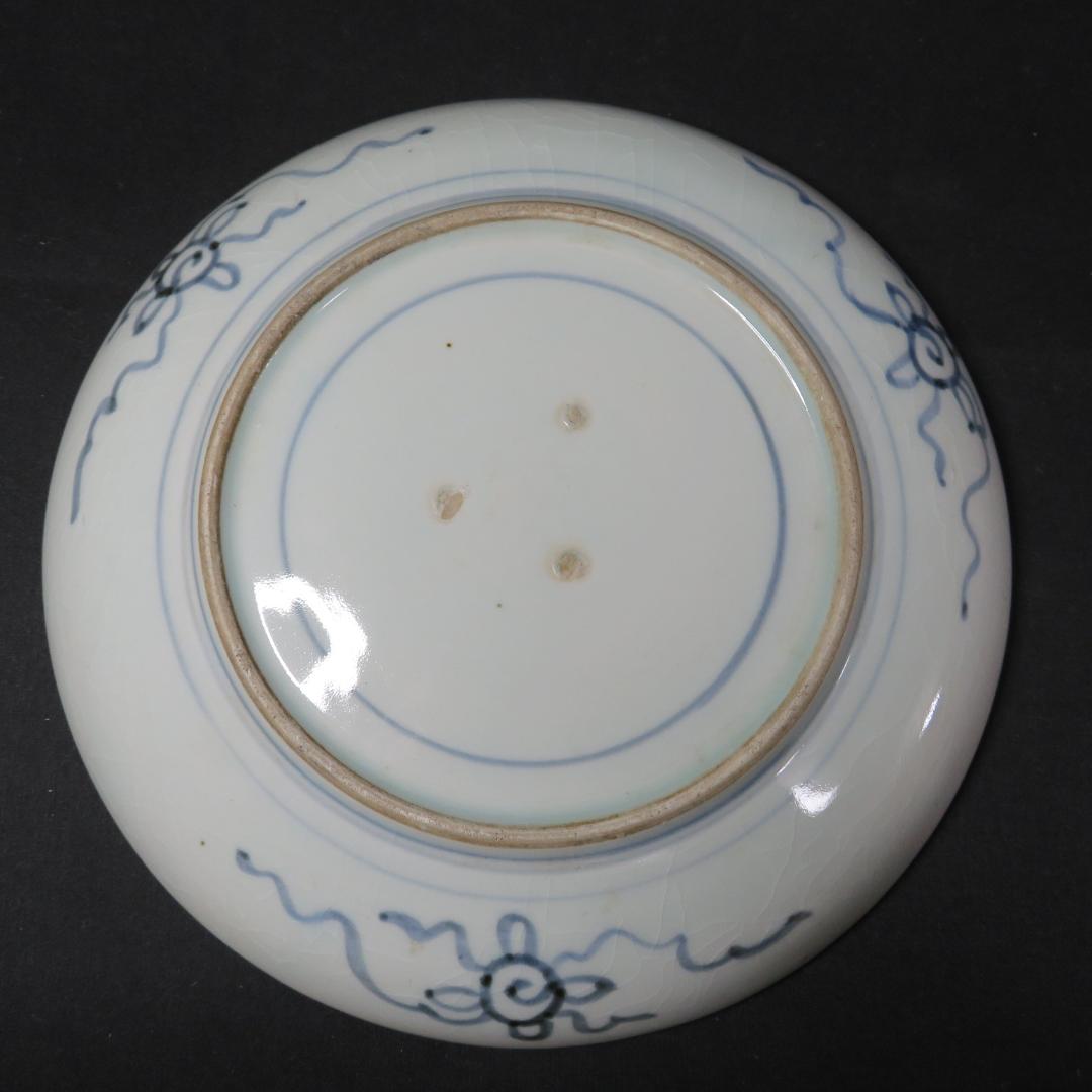 古伊万里 中皿 染付 4枚 甘手 蛤チップ 歪み 貫入 獅子 江戸