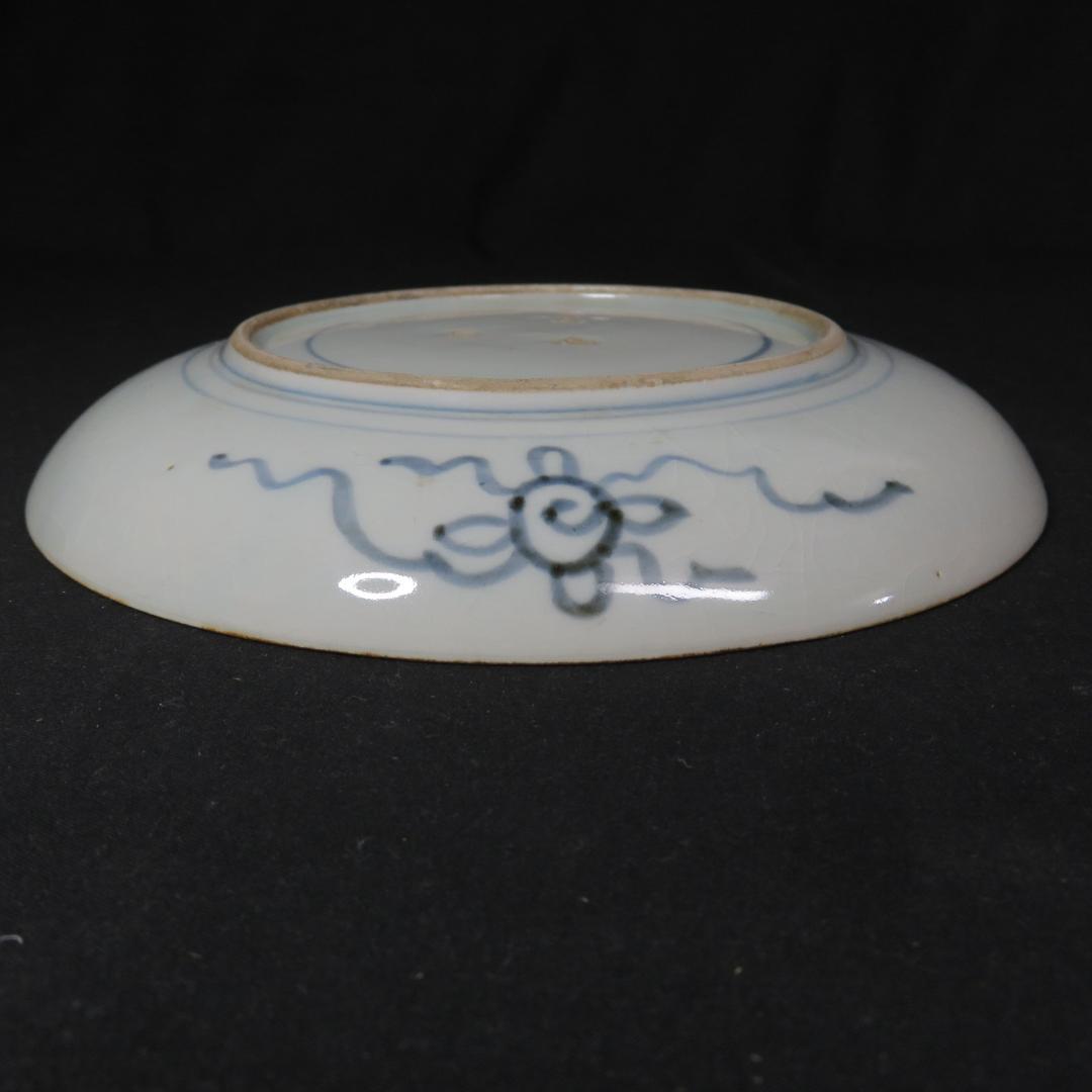 古伊万里 中皿 染付 4枚 甘手 蛤チップ 歪み 貫入 獅子 江戸