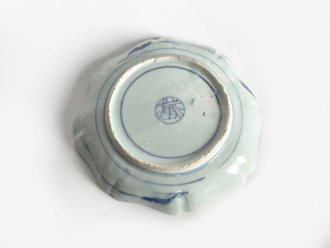 骨董　アンティーク　藍九谷　染付　桃図　輪花縁　小皿　誉印　初期伊万里　古伊万里