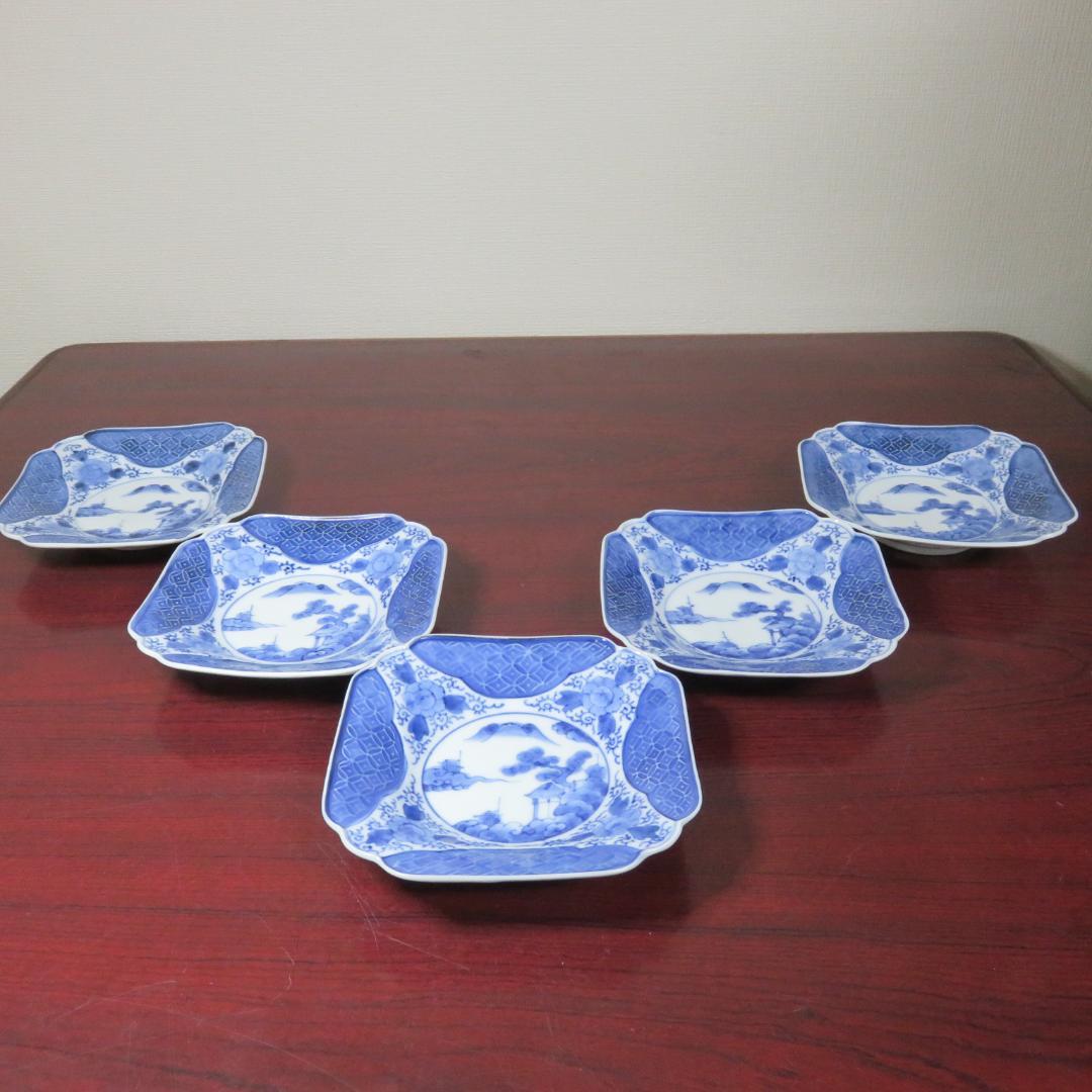 角皿 染付 5枚 山水文様 花唐草 銘 明治 大正 蔵出し 希少