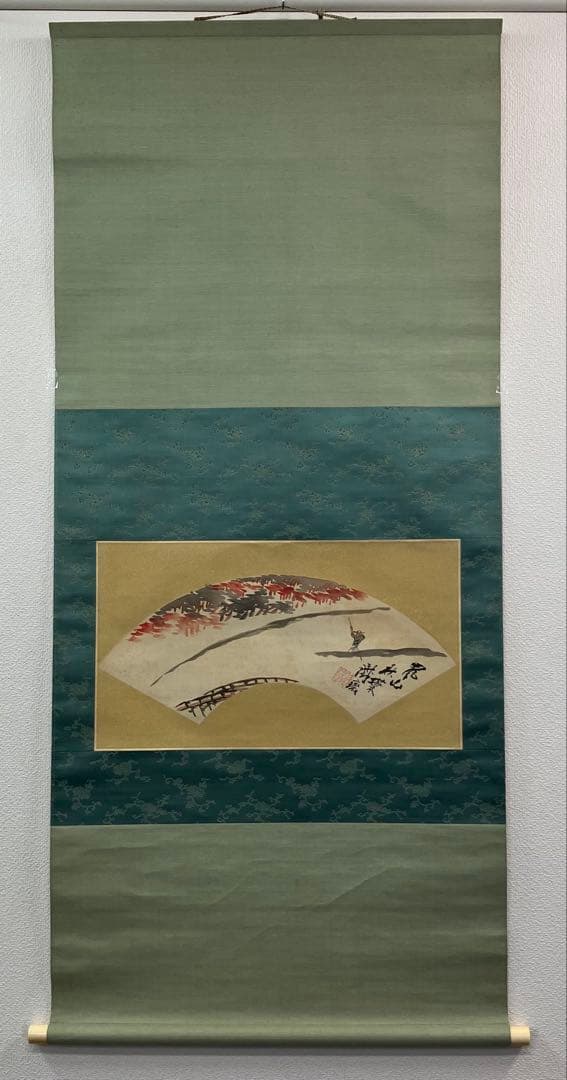 富岡鉄斎　絹本【扇面（描き分け）】掛軸