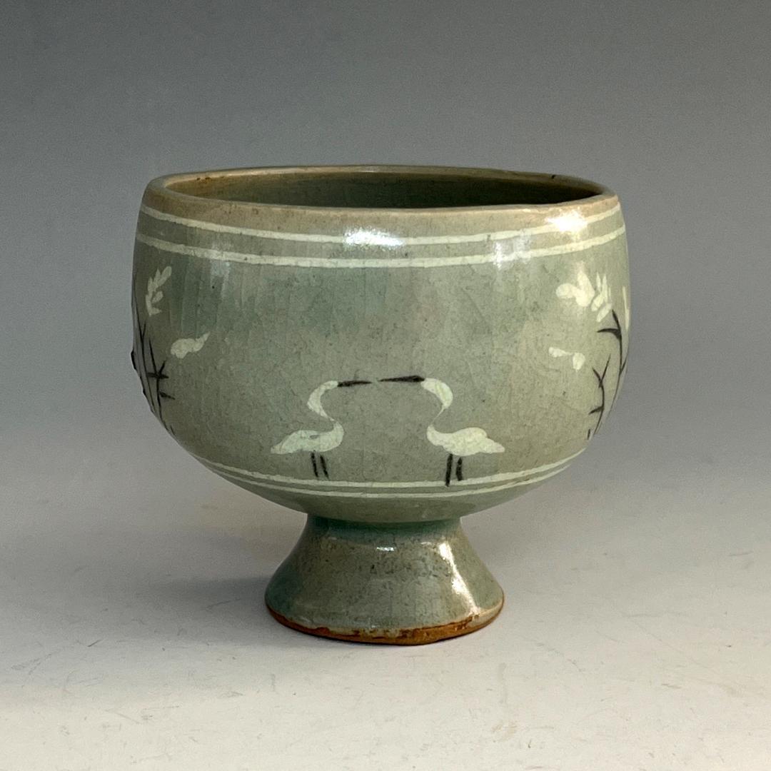 朝鮮美術 高麗青磁 鳥紋高足杯 盃 李朝 文房四宝 SN93