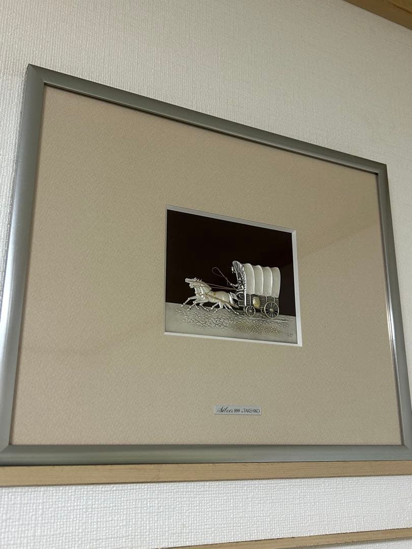純銀 SV999 武比古 TAKEHIKO レリーフ 額装 銀製 工芸品 幌馬車