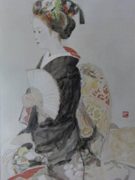 宮本三郎　舞子・扇子、額装版一部、版上落款入、新品額付