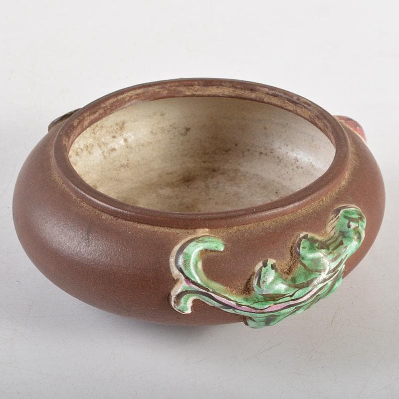 中国　紫砂　朱泥　貼神獣文　水孟　筆洗　霞軒銘　M　R6048