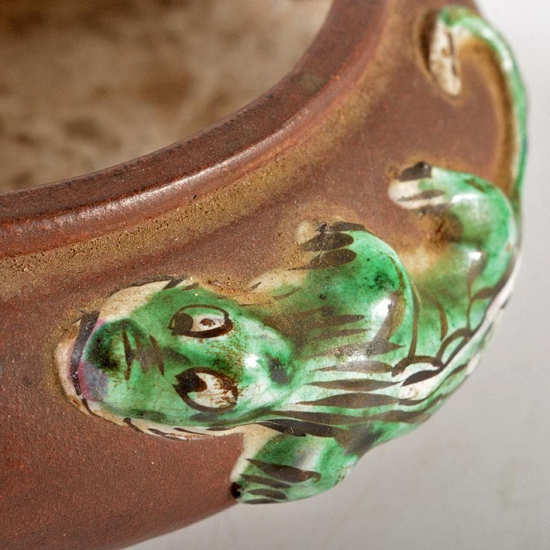 中国　紫砂　朱泥　貼神獣文　水孟　筆洗　霞軒銘　M　R6048