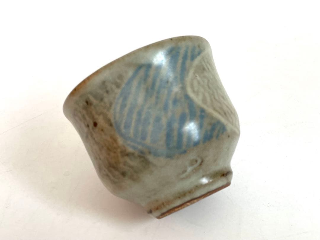 陶芸家　人間国宝　島岡達三　地釉縄文象嵌ぐい呑　酒器　酒盃　師　濱田庄司　共箱