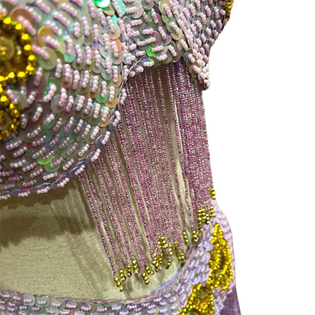 トルコ製　ベリーダンス 衣装 3点　ラベンダー スパンコール ハンドメイド　豪華