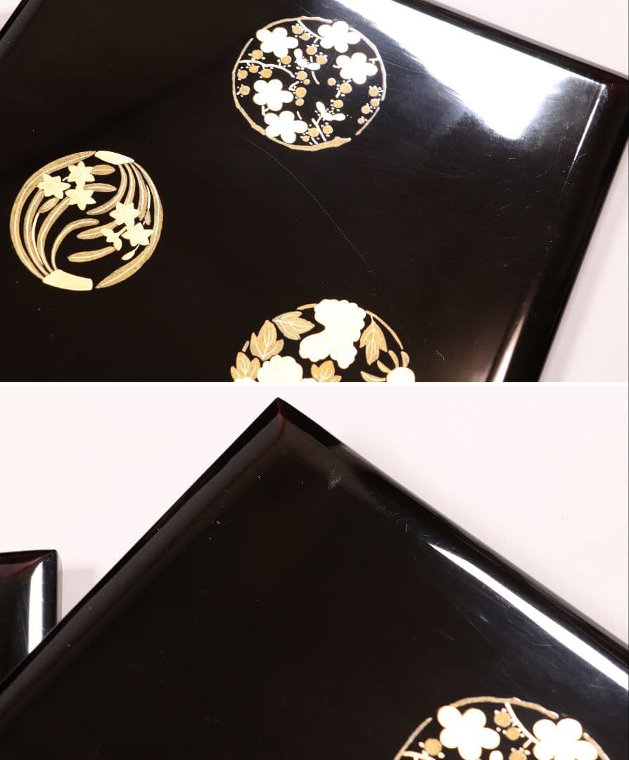 漆芸 木製漆器 丸に草花図 金蒔絵 二段重 重台 黒塗 朱塗 重箱【MA171】