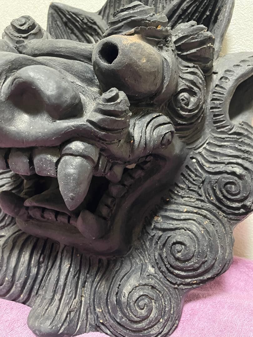 名工　島常賀　面シーサー　燻　壺屋焼