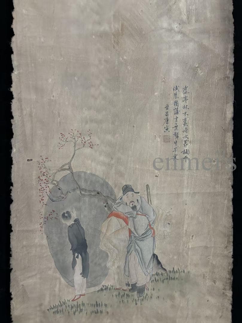 中国古美術 明代 唐寅 人物図 絹本 三尺 手描き 掛け軸 巻き物 書画 中堂画